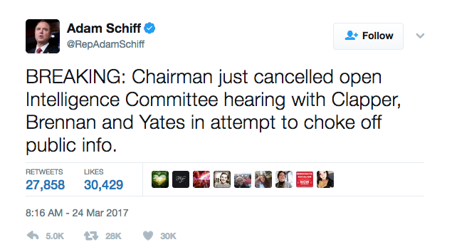 BREAKING: Chairman just cancelled open Intelligence Committee hearing with Clapper, Brennan and Yates in attempt to choke off public info. Adam Schiff March 24, 2017